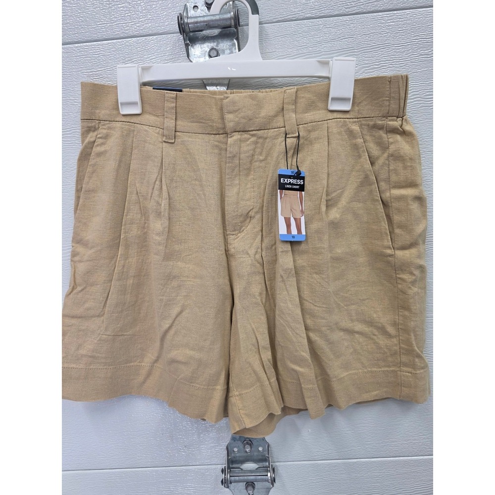 Express Women Linen Short Cream Tan Pleated Elastic Back Size 10 NWT EX008242